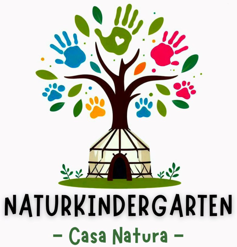 casanatura-logo-naturkindergarten aus jurte entspringt ein baum- baumkrone bilden handabdruecke und pfotenabdruecke