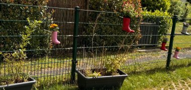 Gummistiefel als Pflanzkübel am Zaun aufgehangen Gummistiefel als Pflanzkübel am Zaun aufgehangen